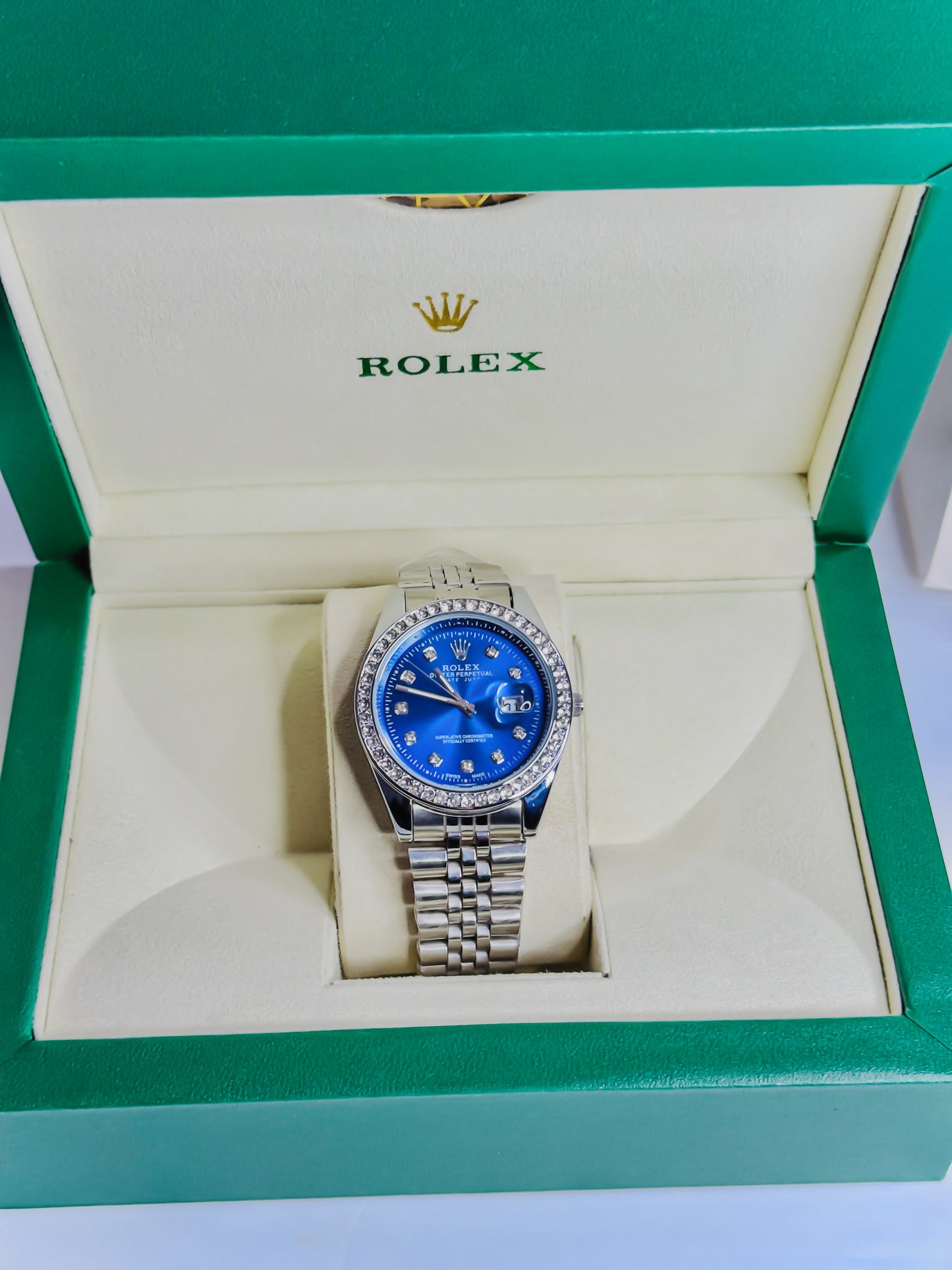 Date Just Silver - Blue Dial - Diamond Bezel